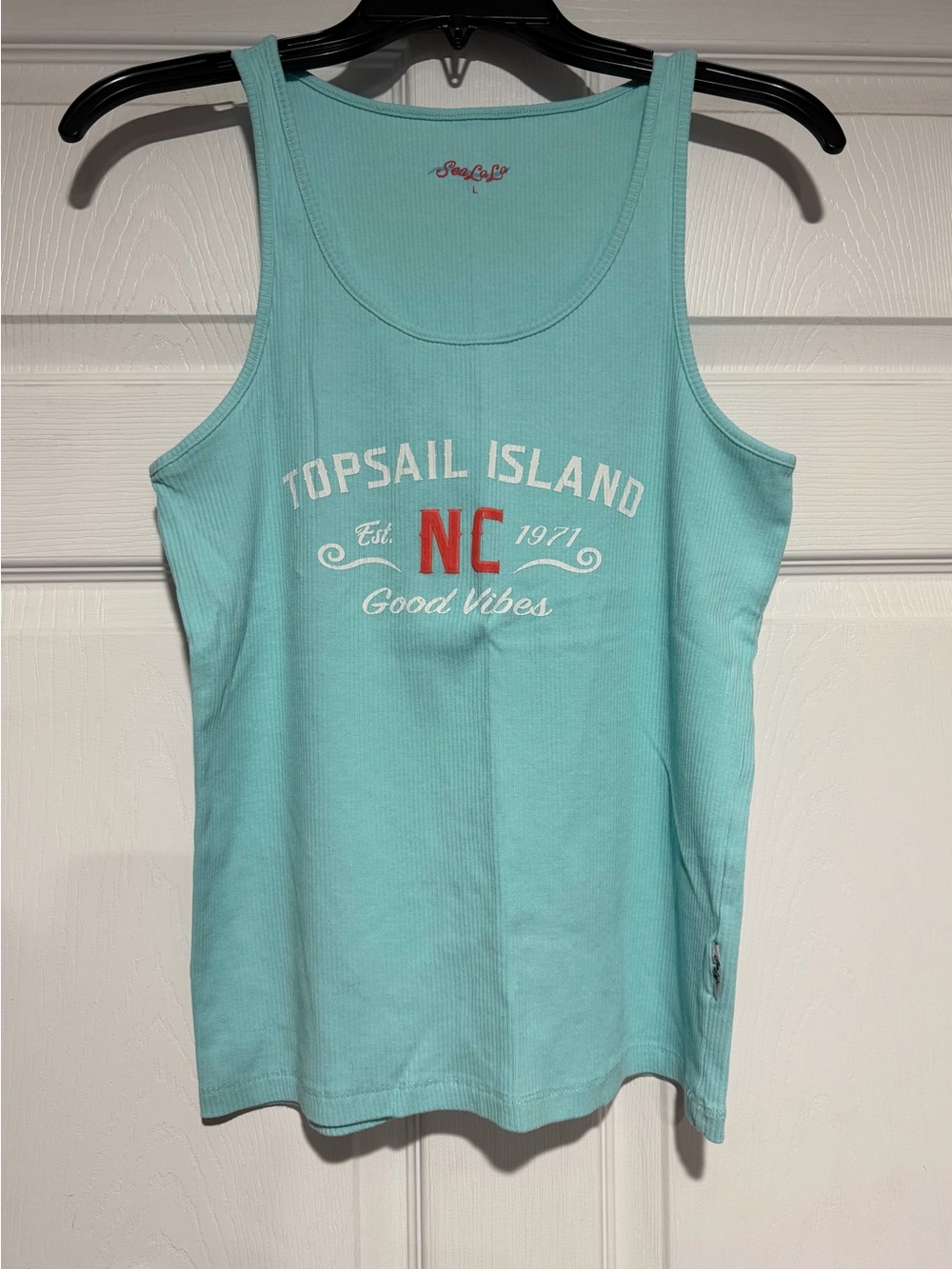 Sea La La Aqua Ribbed Topsail Island NC Graphic Tank